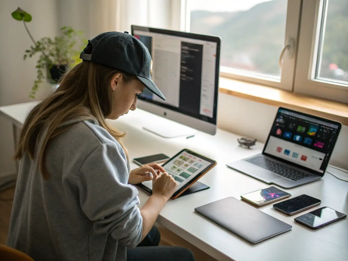 A student designing a mobile app interface on a tablet, with various devices and code snippets visible in the background, representing the Bachelor's Degree in Web Applications and Mobile Devices program at Nikola Tesla University Institute.