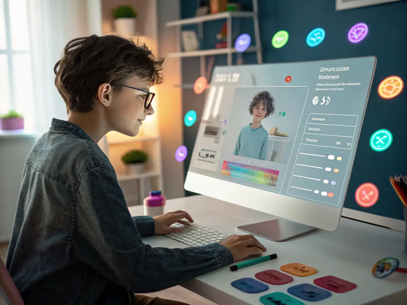 A student is coding on a laptop, surrounded by virtual reality interfaces and data visualizations, representing the Bachelor's Degree in Software Development program at Nikola Tesla University Institute.