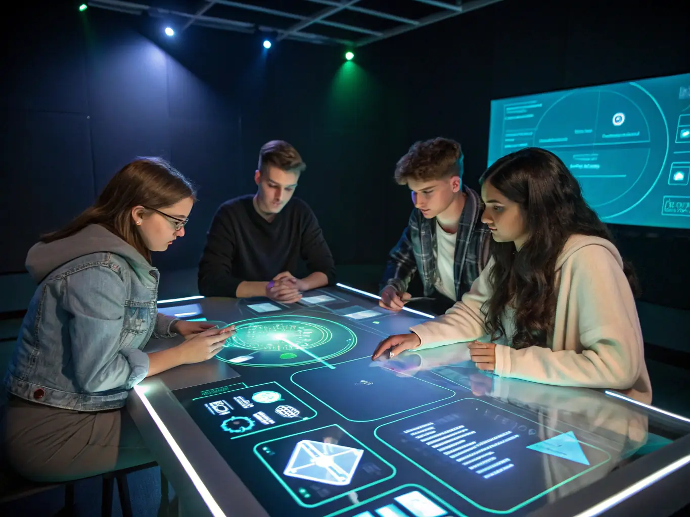 A group of students collaborating on a digital dashboard, analyzing data and making strategic decisions, representing the Bachelor's Degree in Business and Information Technologies program at Nikola Tesla University Institute.