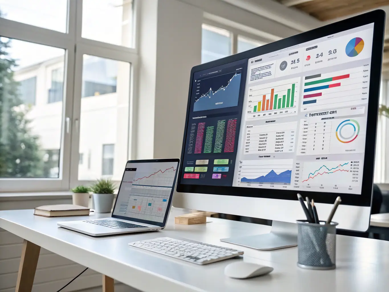 A professional workspace with a laptop, digital charts, and a futuristic cityscape in the background, symbolizing the Bachelor's Degree in Business and Information Technologies program at Nikola Tesla University Institute.